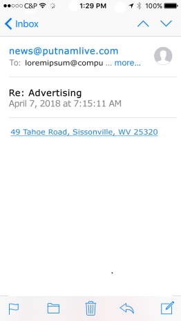 From: news@putnamlive.com Date: April 7, 2018 at 7:15:11 AM EDT Subject: Re: Advertising 49 Tahoe Road, Sissonville, WV 25320